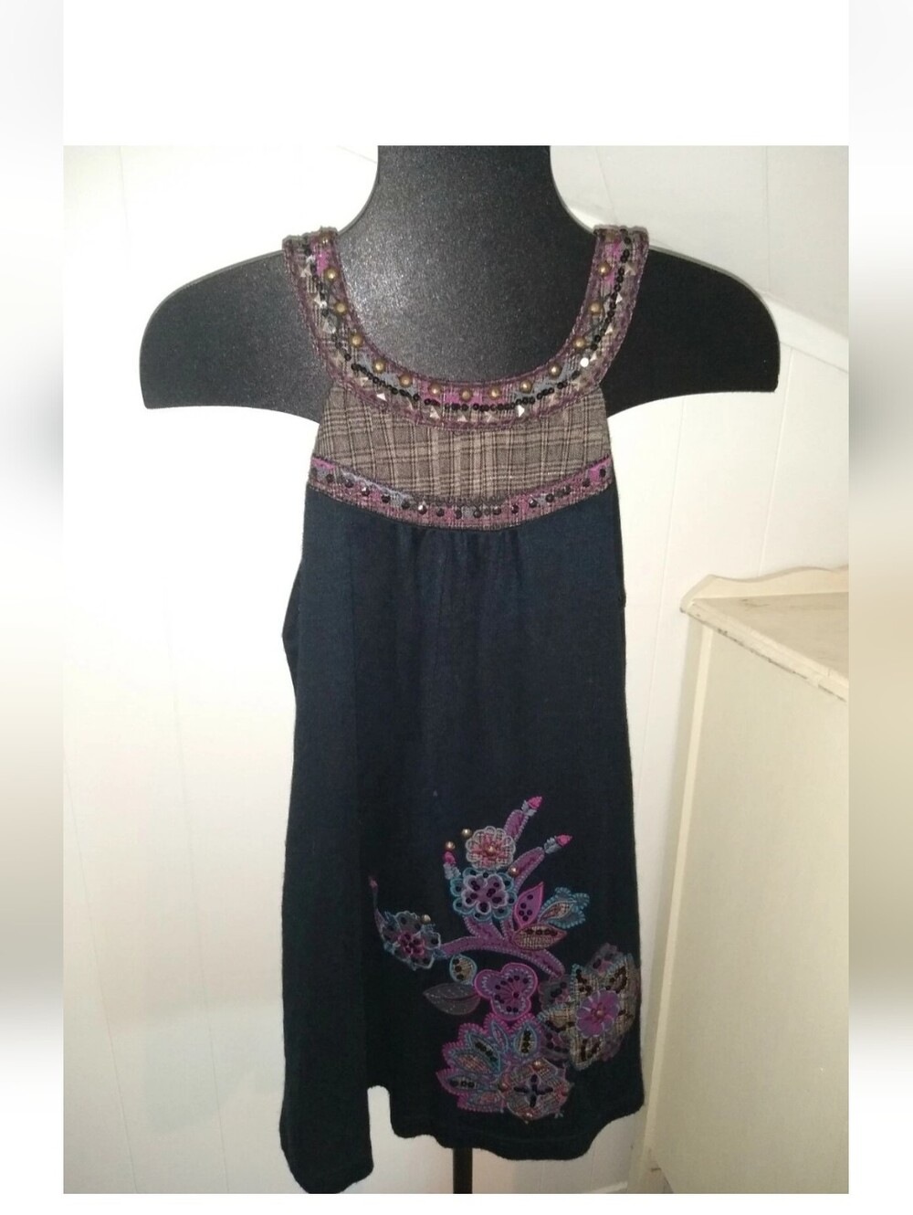Yahada Black Tank Dress with Pink and Purple Embroidery